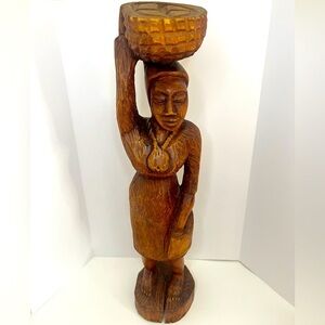 Handmade Solid Wood Woman Carrying A Basket African Art Carving